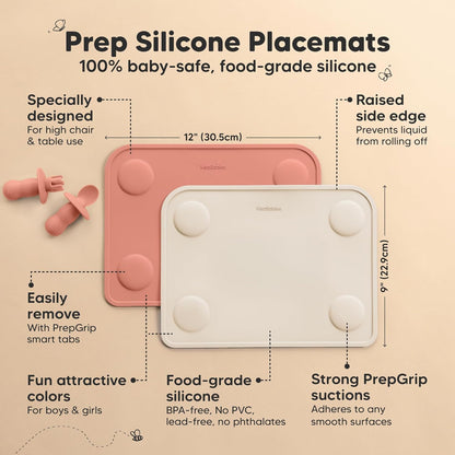 KeaBabies 2pk Silicone Placemats for Toddlers, Kids - 12x9 Non Slip Suction Baby Silicone Placemat for Restaurants, Dining Table,Travel, Easy to Clean, Food Grade/BPA-Free,Small Baby Table Mat(Slate)
