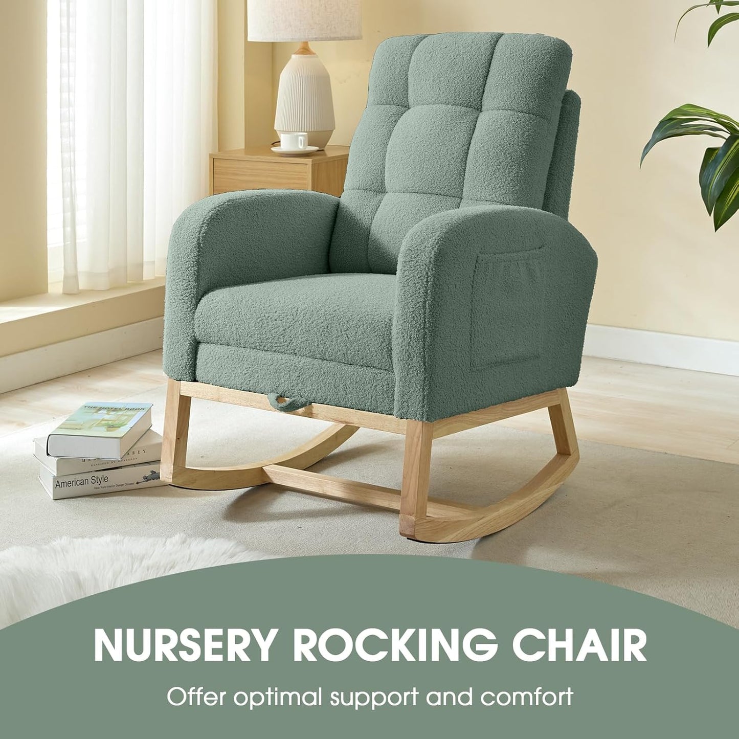 NIOIIKIT Modern Nursery Rocking Chair, Teddy Upholstered Rocking Chair with Footrest, Comfortable Rocker Recliner with Side Pocket, Rocker Glider for Living Room, Bedroom, Nursing Room (Apricot)