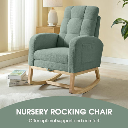NIOIIKIT Modern Nursery Rocking Chair, Teddy Upholstered Rocking Chair with Footrest, Comfortable Rocker Recliner with Side Pocket, Rocker Glider for Living Room, Bedroom, Nursing Room (Apricot)