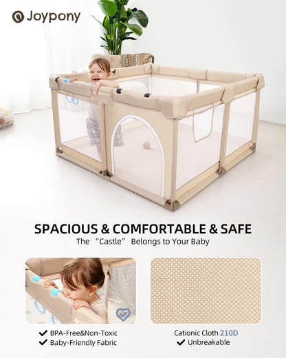 Joypony Baby Playpen with Mat, 50x50 in Small Play Pen for Babies, Toddler Playpen for Apartment, Indoors Play Yard with Soft Breathable Mesh (Beige with Mat)