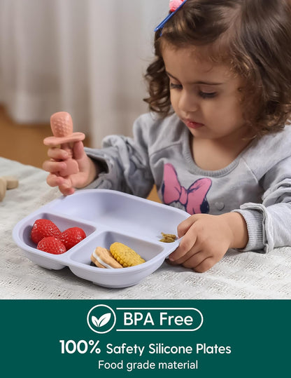 BABELIO Powerful Suction Plates for Baby and Toddler, 100% Food Grand Silicone, Divided, BPA Free, Microwave & Dishwasher Safe, Stay Put, 3 Pack