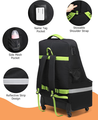 MCBD Car Seat Travel Bag for Airplane, Foldable Baby Carseat Backpack for Travel Padded Carseat Carrier for Airport Gate Check, Infant Stroller Cover with Reflective Strips