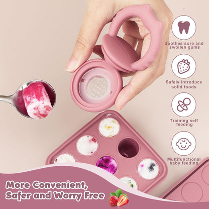 Baby Fruit Food Feeder Breastmilk Popsicle Molds, Silicone Food Freezer Tray for Cooling Teething Relief, Baby Food Feeder for Safe Infant Self Feeding, Includes 3 Extra Food Pacifier
