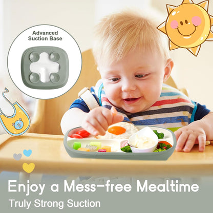 Domensi Kids Porcelain Plates with Silicone Sleeves 8.2 Inch Divided Porcelain Plate Toddler White Suction Dishes for Baby Troubleless Eating Microwave Dishwasher Safe(Stylish,3 Set)