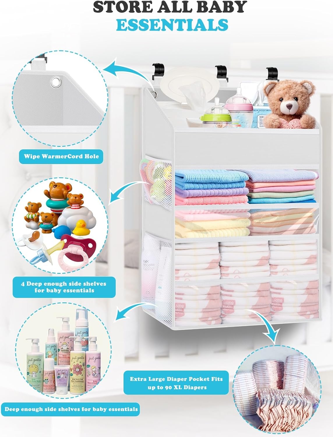 Hanging Diaper Caddy Organizer Crib Organizer–Spacious Baby Girl/Boy Nursery Storage Organizer for Changing Table, Playpen/Wall- Hold 90+ Diaper (Grey)