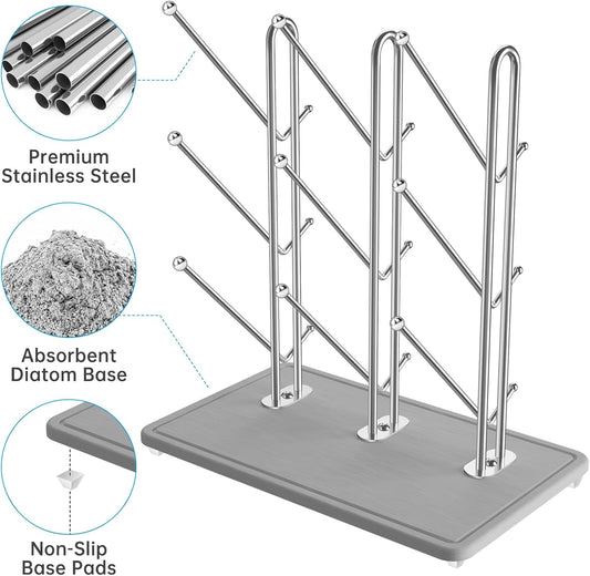 NiHome Baby Bottle Drying Rack with Diatomite Base & Stainless Steel Frame, Foldable Countertop Organizer Holds 9 Bottles, Space-Saving Stand for Water Bottles, Lids, Reusable Bags & More