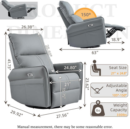 Power Swivel Rocker Recliner Chair for Nursery, Upholstered Snowflake Velvet 270°Swivel Glider Rocker Chair with USB Ports, Small Power Recliners for Small Spaces Living Room