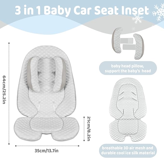 KAKIBLIN Infant Car Seat Insert, Baby Car Seat Head Neck Body Support, Breathable Newborn Car Seat Insert, 2-in-1 Reversible Stroller Pad or Girls Boys,Strollers,Car Seat,High Chair,Swing