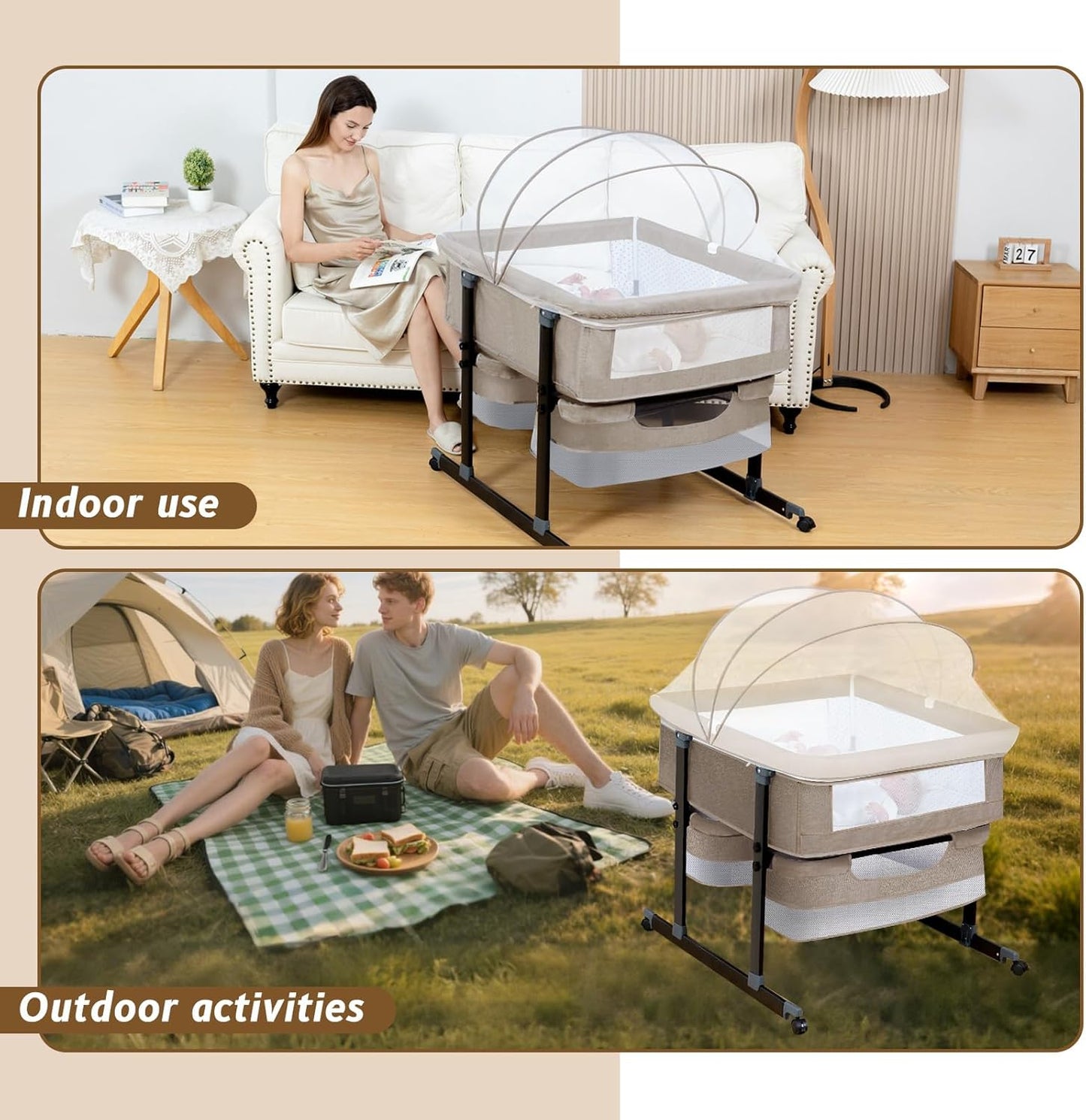 Twin Bassinet for 2 Babies, Double Bassinet for Twins with Music Toys, Mosquito Net & Storage Basket Portable Foldable Bedside Sleeper for Newborns, Grey | Side By Side Design, Independent Space, Small Space Fit, Safe Co Sleeping, Stable Frame