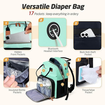 Diaper Bag Backpack - Extra Large Diaper Bag for 2 Kids Twin, Travel Baby Bags for Mom Dad 25-37L Expandable with Changing Pad Earphone Hole, Green Black