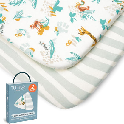 Tutti Bambini Premium Bassinet Sheets (2 Pack) - Soft & Breathable Bamboo Jersey, Double-Strength Bedside Sleeper Sheets, Fits Mattresses from 20.8 x 31.5 in to 23.6 x 35.4 in (Our Planet)