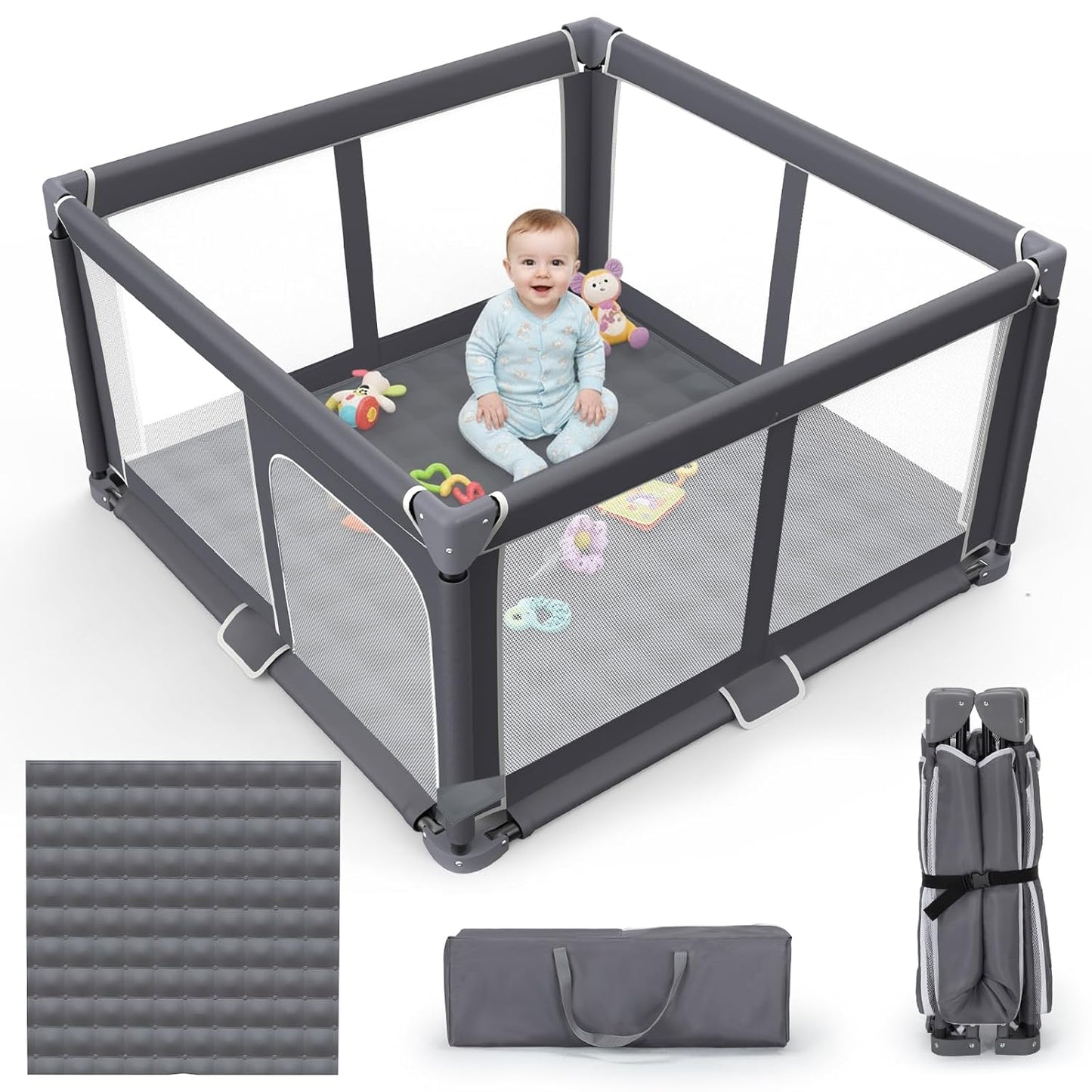Grobeybees Playpen for Babies and Toddlers, Large Baby Playpen, Playard with Bag, Indoor & Outdoor Play Pen, Sturdy Safety Baby Play Yard with Soft Breathable Mesh (Grey)