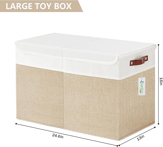 Bagnizer Large Toy Storage Box with Lids, Collapsible Sturdy Baby Storage Organizer Chest Bin Basket for Kids, Boys, Girls, Playroom, Nursery, Bedroom, Closet 25"x13"x16" (Beige and White)