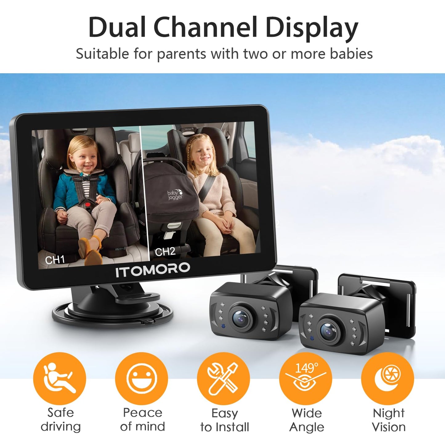 Itomoro Rear Facing Mirrors, 2 Kids Baby Car Camera, 7'' Ultra Wide 1080P HD Display with 2 IR Night Vision Cameras, 150° Wide Angle, 360° Rotatable, Easy Install