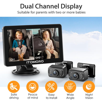 Itomoro Rear Facing Mirrors, 2 Kids Baby Car Camera, 7'' Ultra Wide 1080P HD Display with 2 IR Night Vision Cameras, 150° Wide Angle, 360° Rotatable, Easy Install