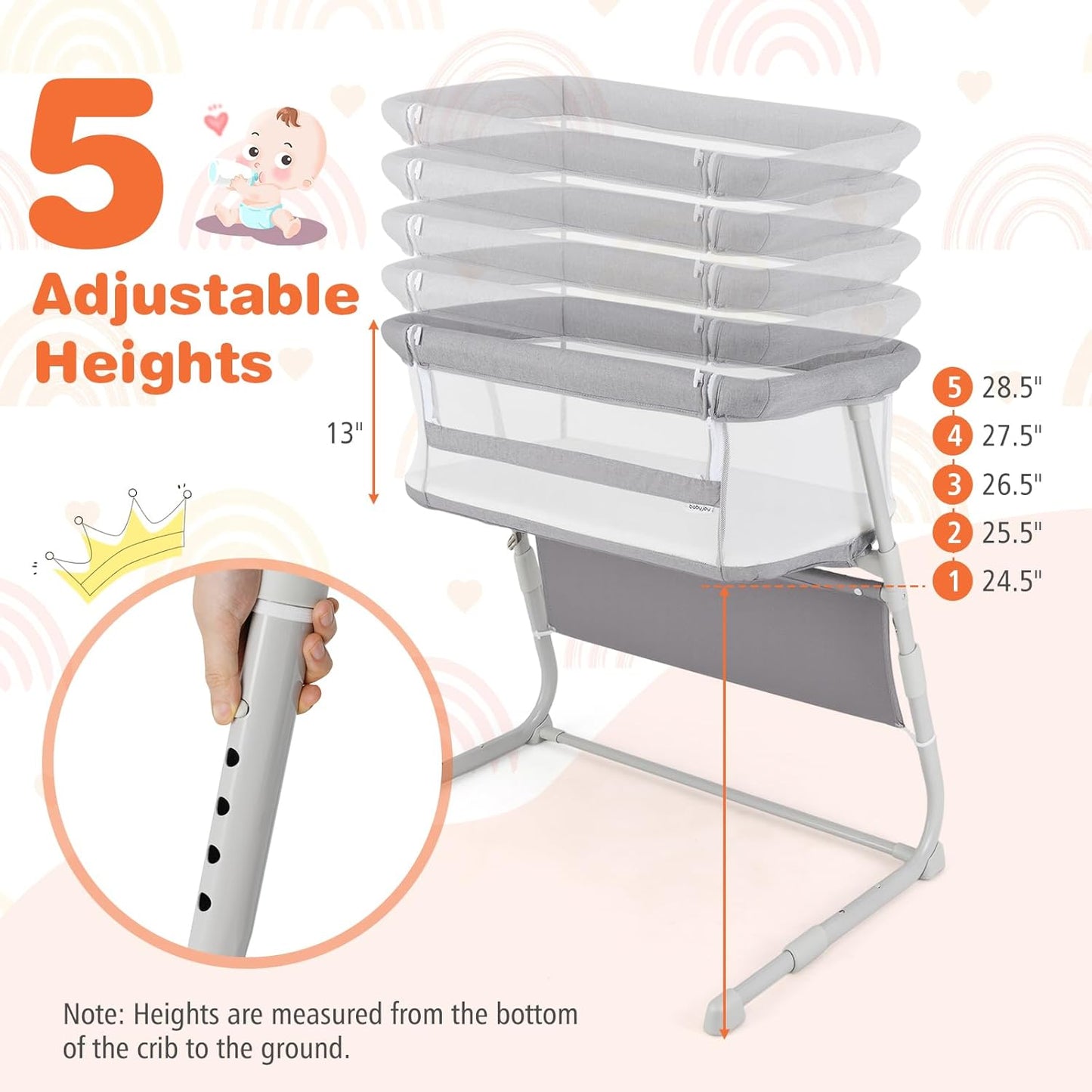 BABY JOY Bassinet, Bedside Crib w/Adjustable Height, Comfy Mattress, Full-Mesh Sides and Storage Pockets for Newborns Infants, Baby Bassinets Bedside Sleeper for Safe Co-Sleeping