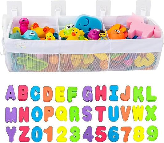 Comfylife Large Bath Toy Organizer with Letters and Numbers – 3 Compartment Bath Toy Holder for Bathtub & Shower – Quick-Dry Mesh with 4 Strong Adhesive Hooks