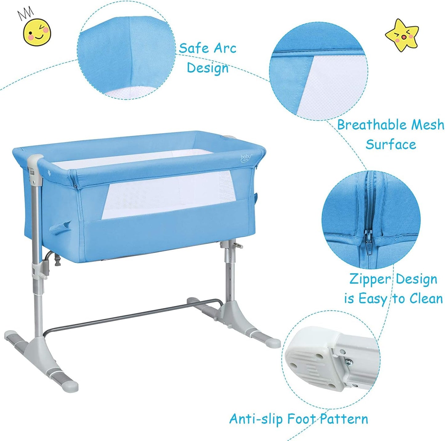 BABY JOY Baby Bedside Crib, Portable Travel Sleeper Bed Side Bassinet w/Carrying Bag, Newborn Bassinet to Infant, Kids Crib with Detachable Mattress, Height Adjustable Design, Breathable Mesh, Grey