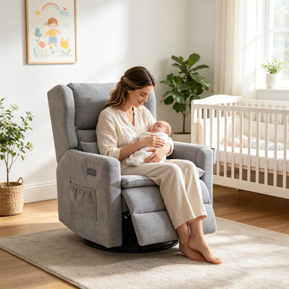 Large Glider Rocker Recliner,Rocking Chair Nursery with Adjustable Headrest,Swivel Rocker Recliner with Lumbar Support,Manual Nursery Rocker Recliner for Living Room& Bedroom,Chenille White
