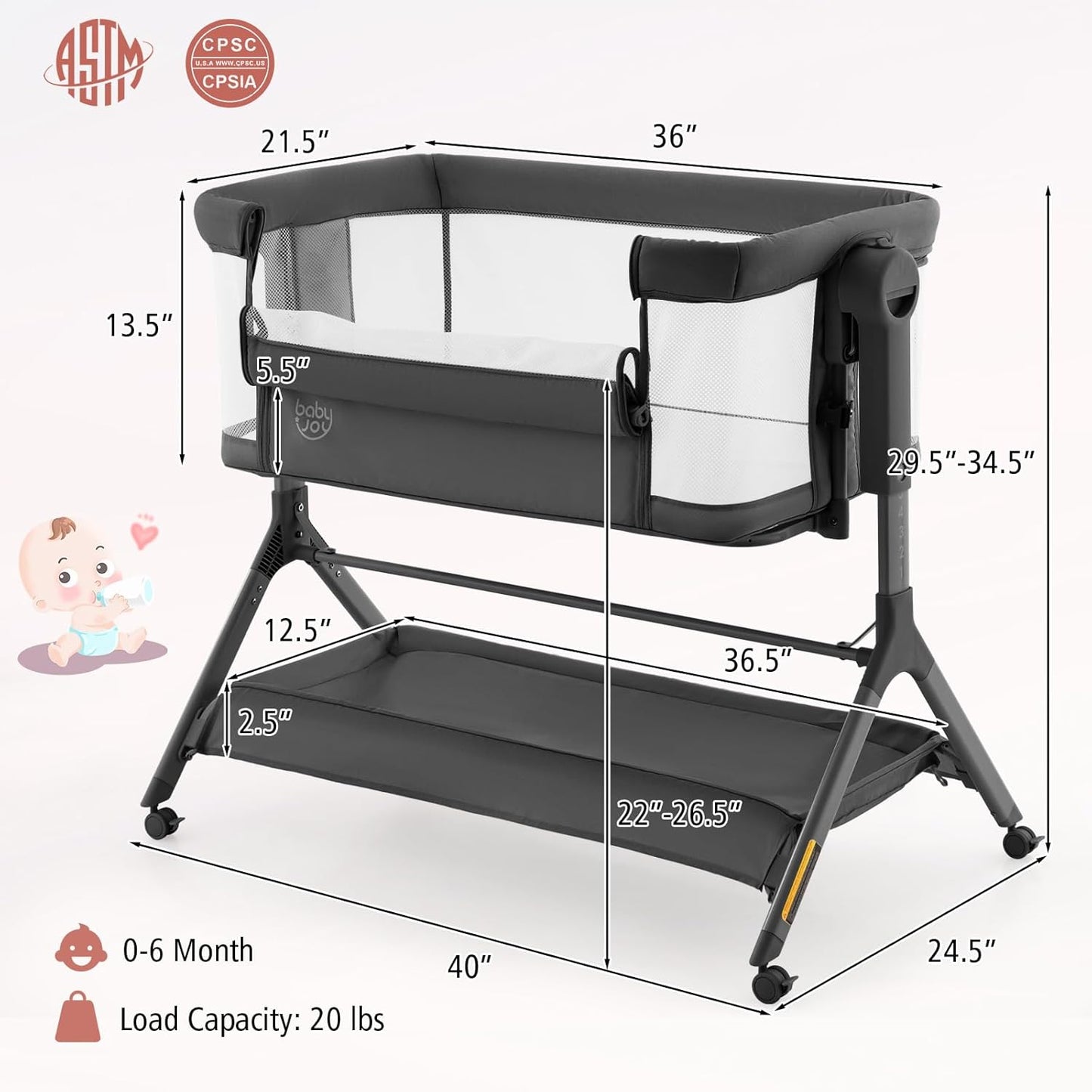 BABY JOY Bassinet Bedside Sleeper, Easy Folding Baby Crib w/All-Side Mesh, Storage Shelf, 7 Adjustable Heights, Mattress & Travel Bag for Safe Co-Sleeping, Portable Baby Bed for Newborn Infant -Gray
