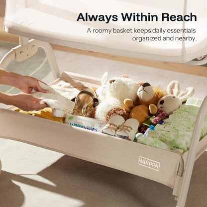 HARPPA Cuddly Lite Bassinet, 2 in 1 Baby Bassinet with Breathable Mesh and Mattress, 6 Height Adjustable, Bedside Sleeper with Anchor Strap, Storage Basket and Wheels, Light Grey