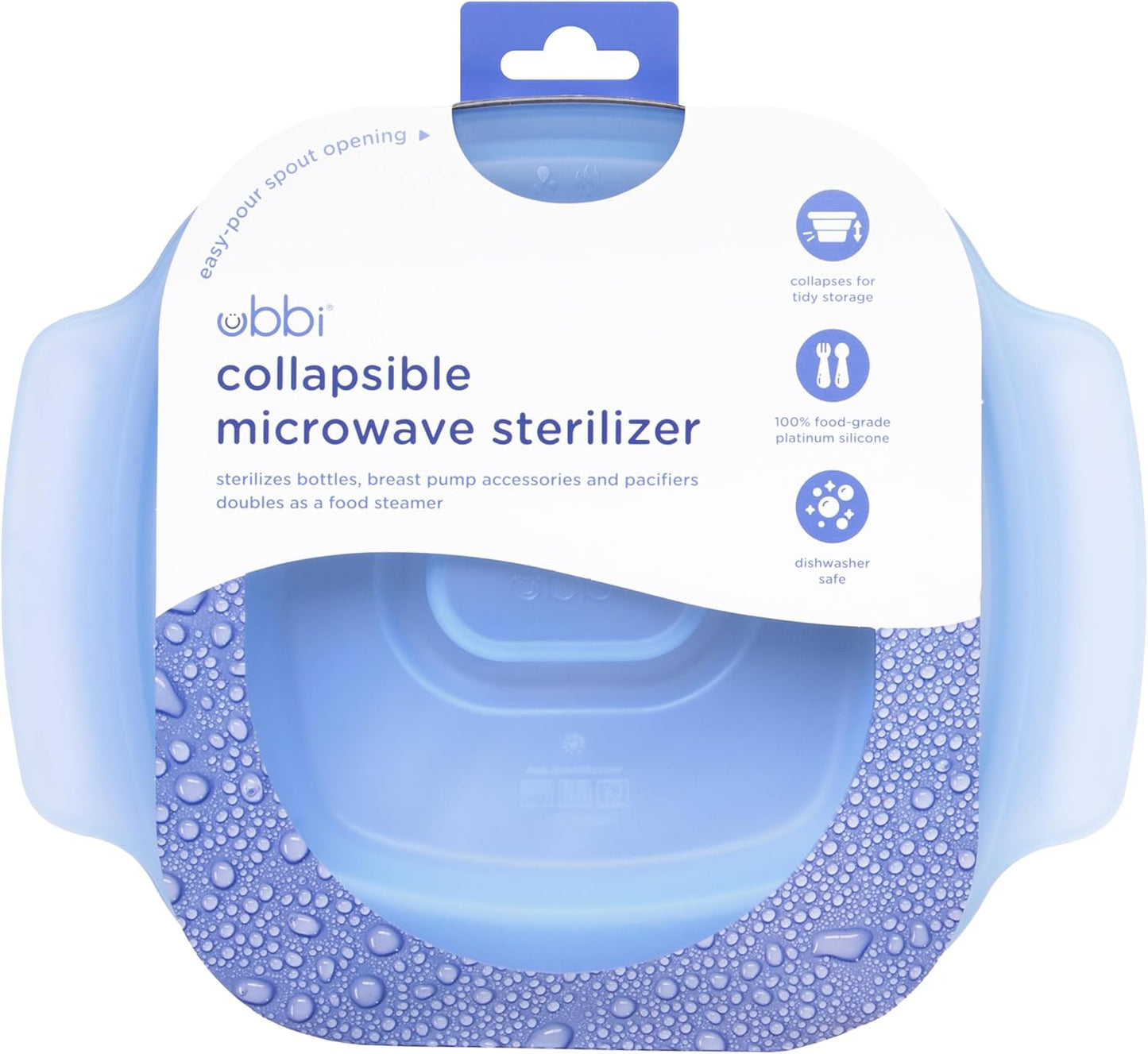 Ubbi 3-in-1 Collapsible Microwave Wash Bin, Baby Bottle Sterilizer & Veggie Steamer, Reusable Silicone Steam Bag for Travel or Home Use, Fits Up to 5 Baby Bottles, Dishwasher Safe, Blue