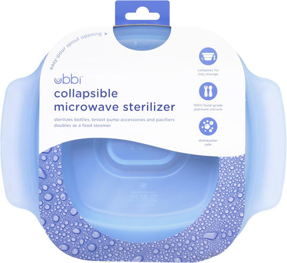 Ubbi 3-in-1 Collapsible Microwave Wash Bin, Baby Bottle Sterilizer & Veggie Steamer, Reusable Silicone Steam Bag for Travel or Home Use, Fits Up to 5 Baby Bottles, Dishwasher Safe, Blue