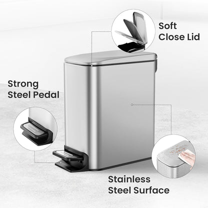 Cesun Small Bathroom Trash Can with Lid Soft Close, Step Pedal, 6 Liter / 1.6 Gallon Stainless Steel Slim Garbage Can for Bedroom, Diaper Waste Basket with Removable Inner Bucket (White)