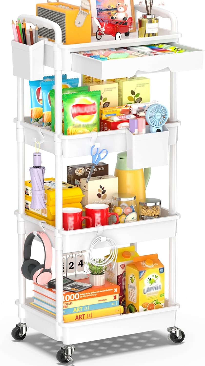 SUNALLY 3 Tier Rolling Cart with Drawer, Bathroom Storage Organizer with 2 Lockable Wheels, Multifunctional Rolling Storage Cart for Bathroom, Kitchen, Office, Craft, Makeup, Baby Essentials, White