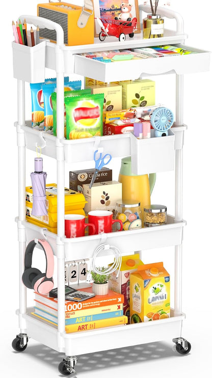 SUNALLY 3 Tier Rolling Cart with Drawer, Bathroom Storage Organizer with 2 Lockable Wheels, Multifunctional Rolling Storage Cart for Bathroom, Kitchen, Office, Craft, Makeup, Baby Essentials, White