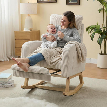 NIOIIKIT Nursery Rocking Chair, Corduroy Upholstered Rocking Chair with Adjustable Footrest, Tufted Rocker Chair with Side Pocket, Glider Rocker for Living Room, Bedroom (Cream Retro)