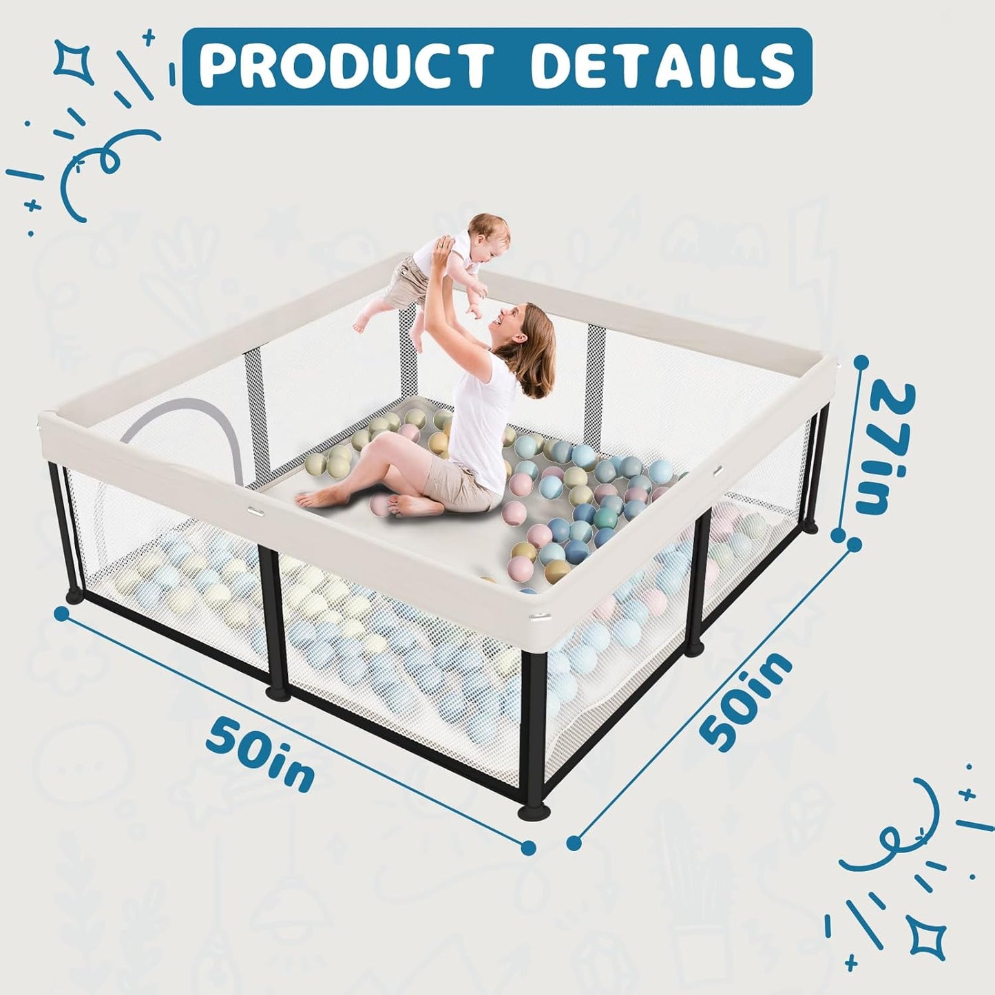 TOREVSIOR Foldable Baby Playpen with Mat, 50"×50" Collapsible Play Pen for Babies and Toddlers, Indoor & Outdoor Kids Safety Play Pen, Portable Play Yard, Foldable Baby Playpen with 50 Ocean Balls