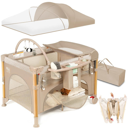 Baby Bassinet Bedside Crib with One-Hand Setup 5-in-1 Foldable Pack n Play for Travel, Portable Baby Bassinet with Diaper Changer & Adjustable Mattress for Newborn to Toddler (Grey)