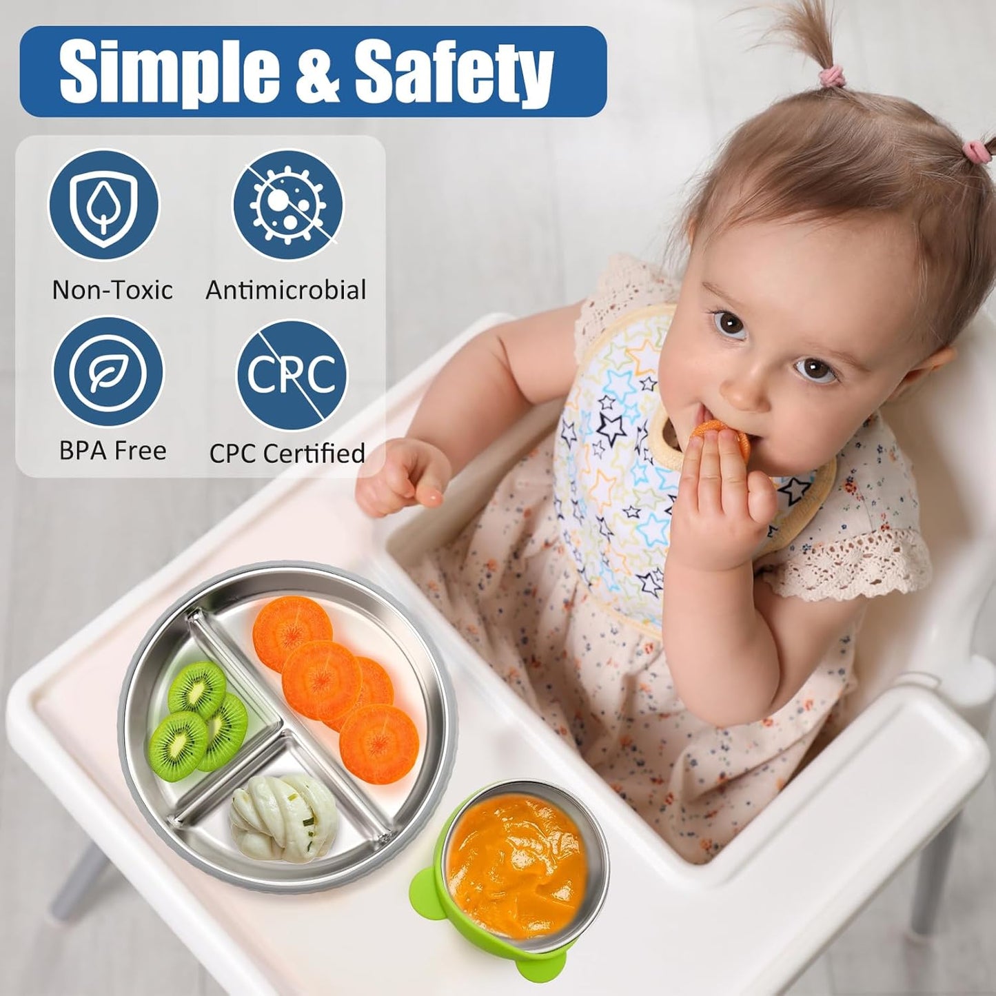 MISSLILI Stainless Steel Baby Plate and Bowls with Suction, Divided Kids Baby Plate and Toddler Bowl with Removable Silicone Suction, Non-Slip Baby Feeding Set Dishwasher Safe，4 Packs