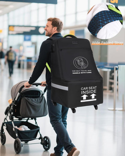 MCBD Car Seat Travel Bag for Airplane, Foldable Baby Carseat Backpack for Travel Padded Carseat Carrier for Airport Gate Check, Infant Stroller Cover with Reflective Strips