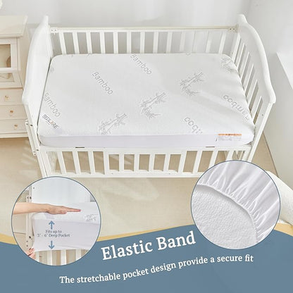 BEDLORE Waterproof Crib Mattress Protector 2 Pack, Ultra Soft Bamboo Viscose Crib Mattress Pad Cover, Noiseless Toddler Mattress Protector for Standard Baby Bed Size 52''x28'', White