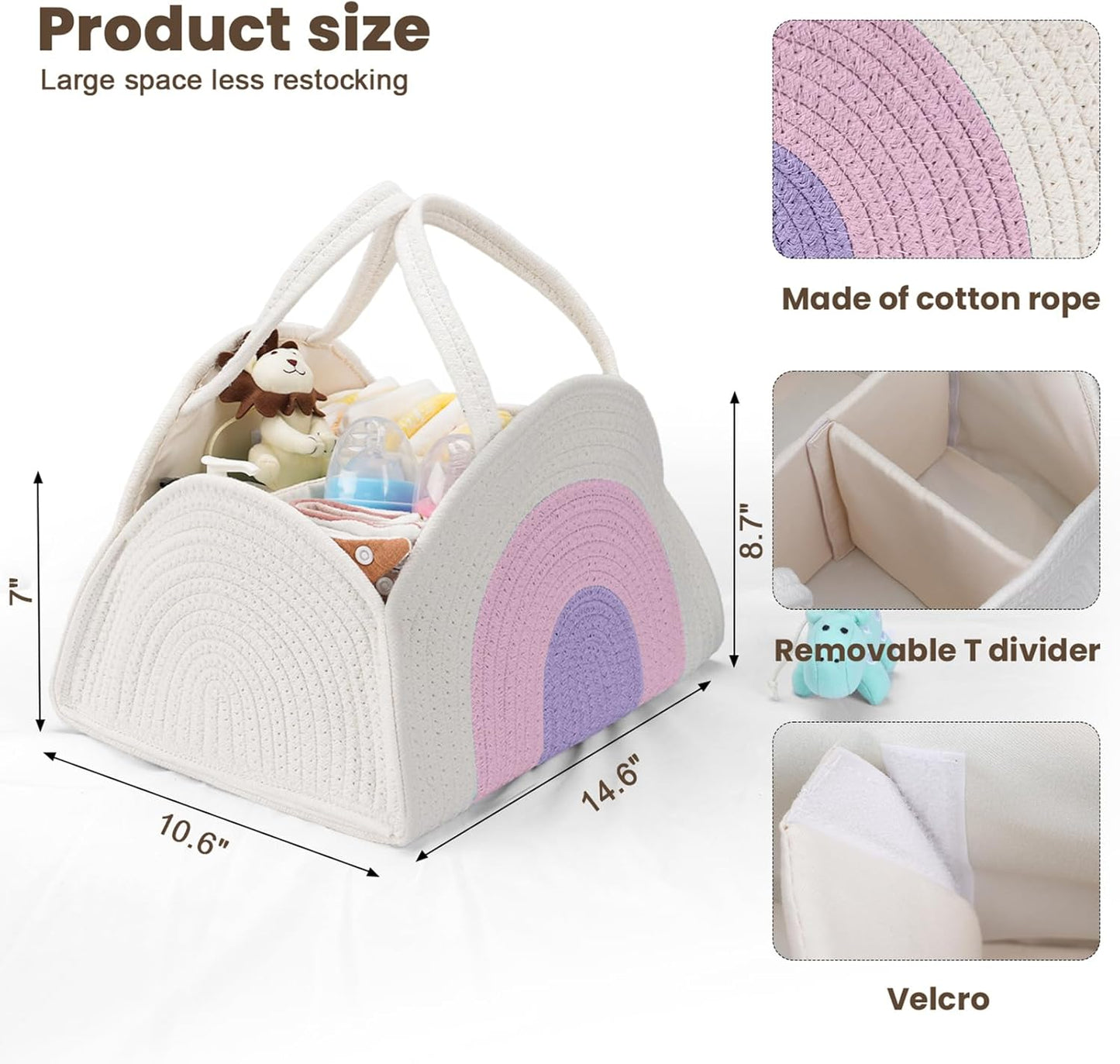 Baby Diaper Caddy- With Removable Dividers, Nursery Storage Bin and Car Organizer,Boy & Girl Shower Gift Basket,Portable Organizer,Nursery Essentials-Rainbow Purple