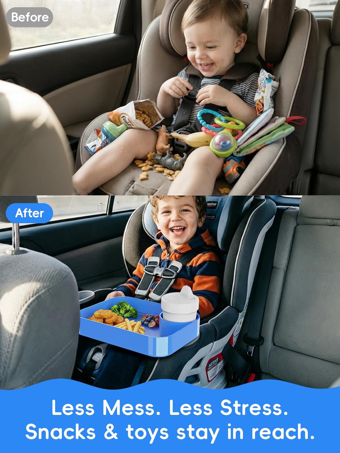 Car Seat Cup Holder Snack Tray for Kids, Reduces Mess, Detachable Large Base & Adjustable Ring, Carseat Tray for Toddler, Car Seat Food Tray Table for Kid Travel Road Trip Essentials -Light Gray