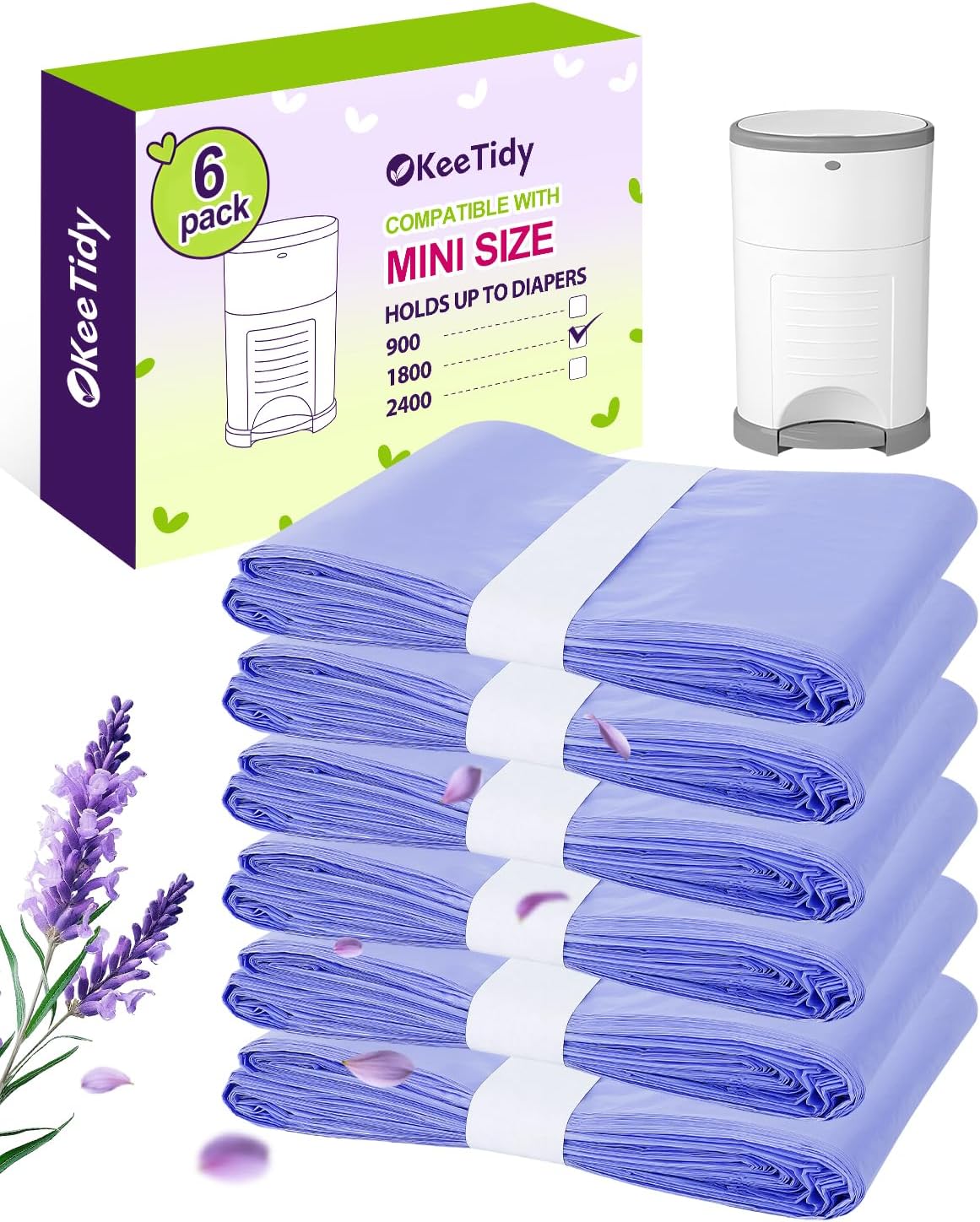 Diaper Pail Refill Bags Compatible with DEKOR MINI Diaper Pails, 20% Extra Length Diaper Bags Disposable with Lavender Flavor, Holds up to 1800 Diapers, 6 Pack