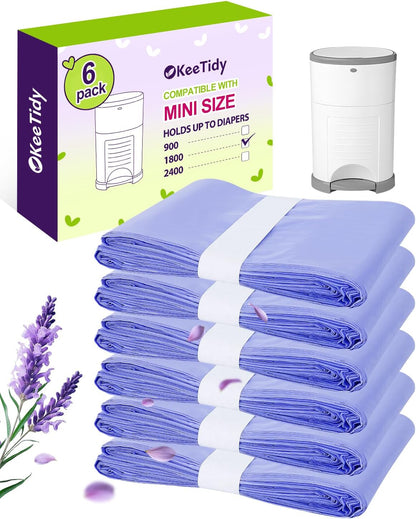 Diaper Pail Refill Bags Compatible with DEKOR MINI Diaper Pails, 20% Extra Length Diaper Bags Disposable with Lavender Flavor, Holds up to 1800 Diapers, 6 Pack
