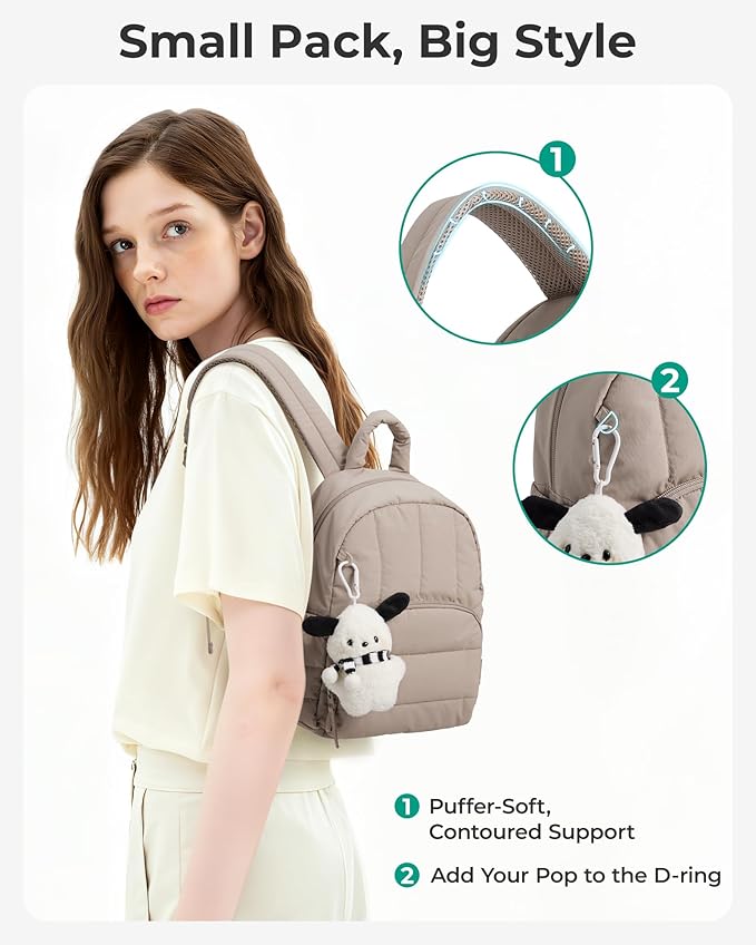 BAGSMART Mini Backpack for Women, Lightweight Puffer Small Backpack Purse, Quilted Casual Travel Daypack, Cute Water-Resistant Bookbag for Daily, Beige