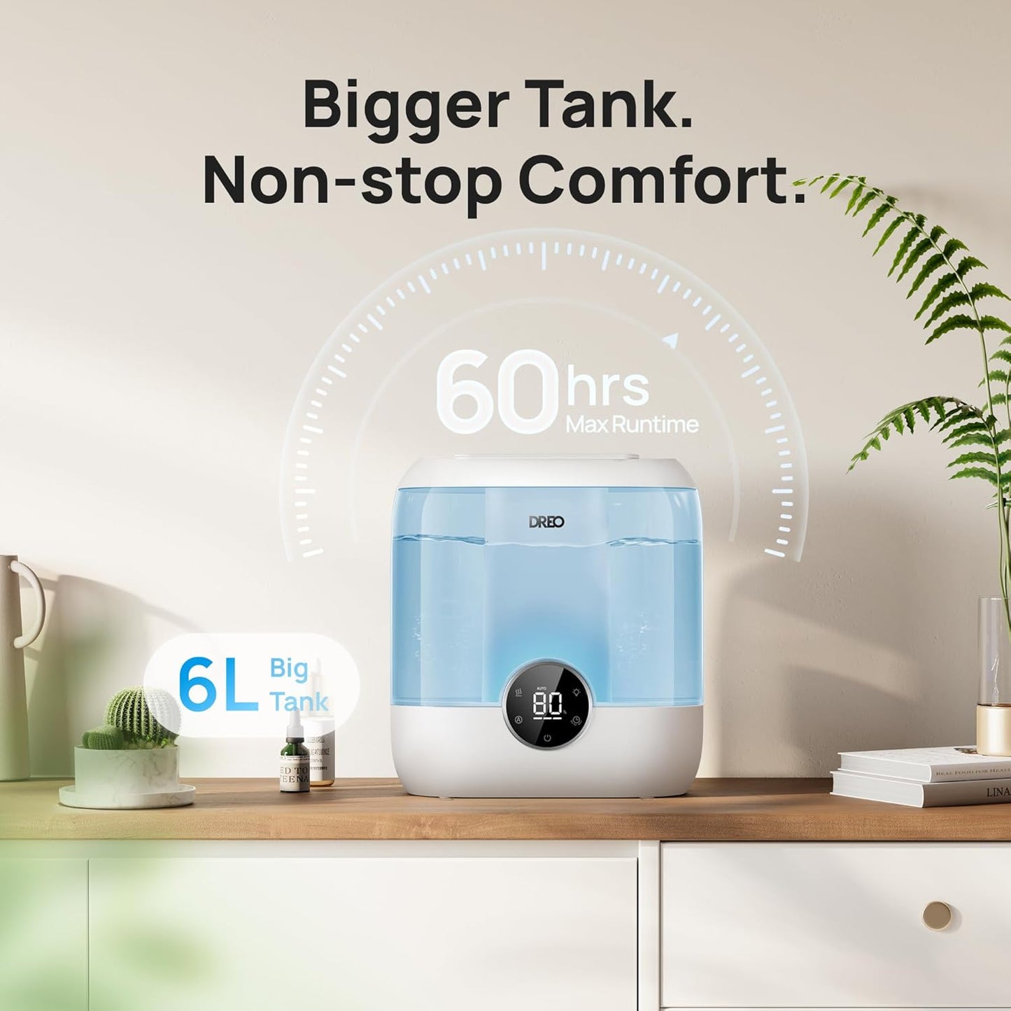 DREO Smart Humidifiers for Bedroom, 6L Top Fill Supersized Cool Mist Humidifier for Large Room, 60 Hour Runtime, Quiet Ultrasonic Humidifier for Plants, Indoor, Home, Night Light, Black