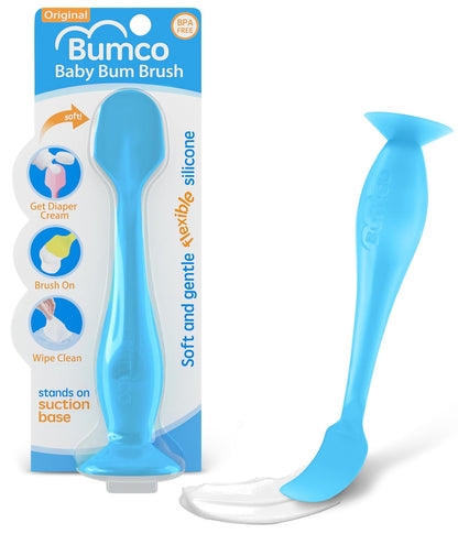 Bumco Mini Baby Diaper Cream Spatula with Case - BPA-Free Silicone Diaper Spatula with Suction Cup, Wipe-Clean Baby Bum Brush, Mom-Invented Butt Paste Applicator (Blue)