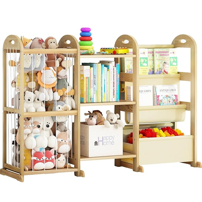 Kids Bookshelf and Toy Storage Organizer, 3-Tier Book Shelf with Stuffed Animal Storage, Kids Toy Book Storage for Bedroom Playroom, Wooden Toy Organizer with 3 Shelves, 49.4" W