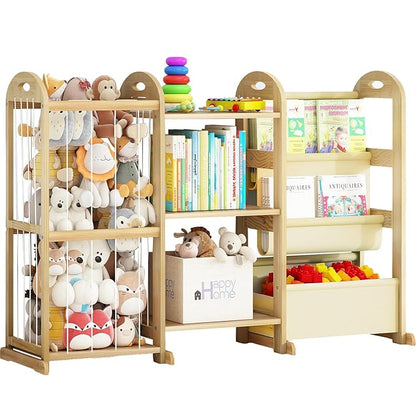 Kids Bookshelf and Toy Storage Organizer, 3-Tier Book Shelf with Stuffed Animal Storage, Kids Toy Book Storage for Bedroom Playroom, Wooden Toy Organizer with 3 Shelves, 49.4" W