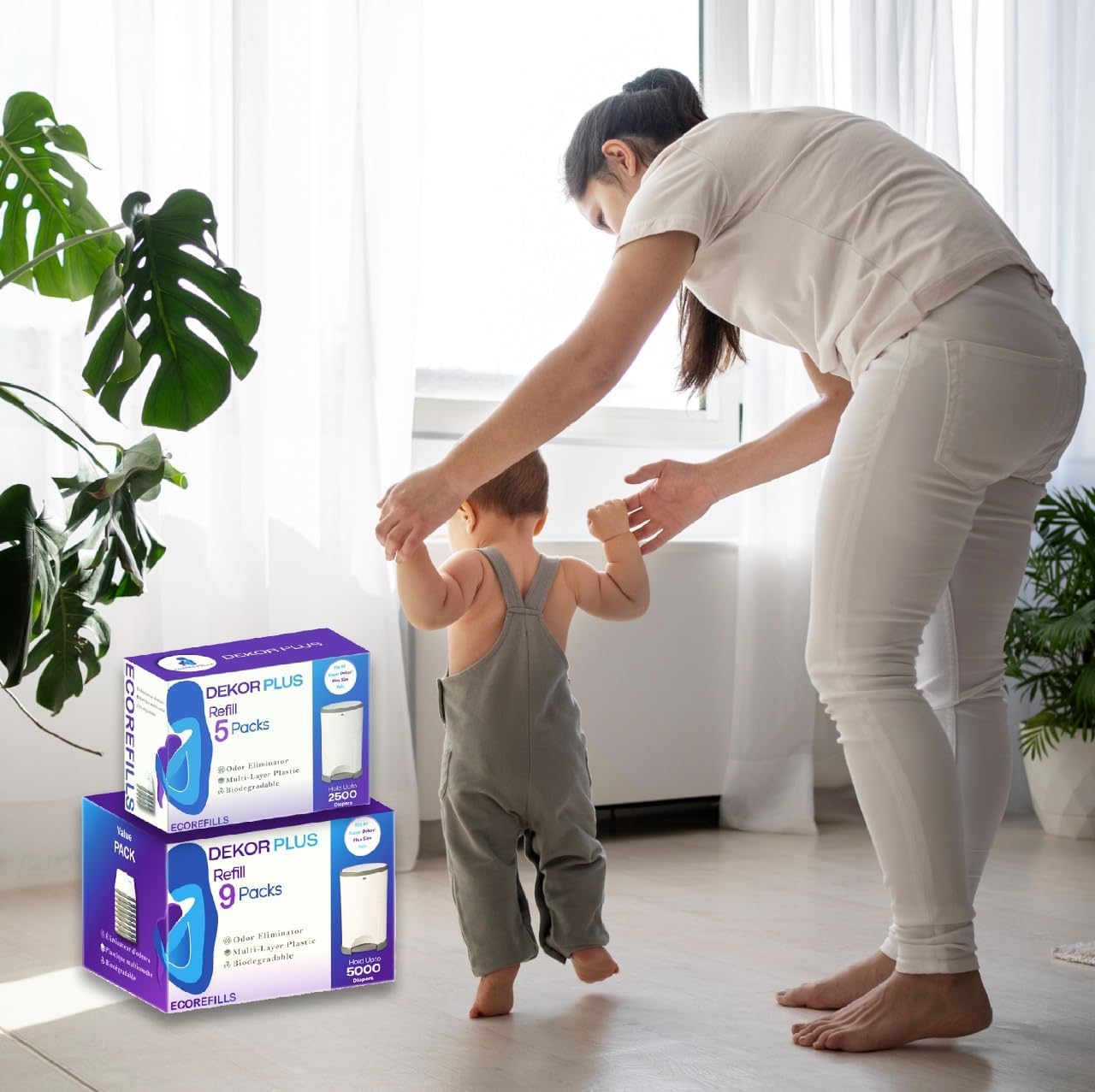 ECO-REFILLS Diaper Pail Refills - Fits Dekor PLUS Extra Thick, Powerful Odor Elimination & Fresh Powder Scent | Easy to Replace and Dispose of Diaper Bag 9 Count (Pack of 1)
