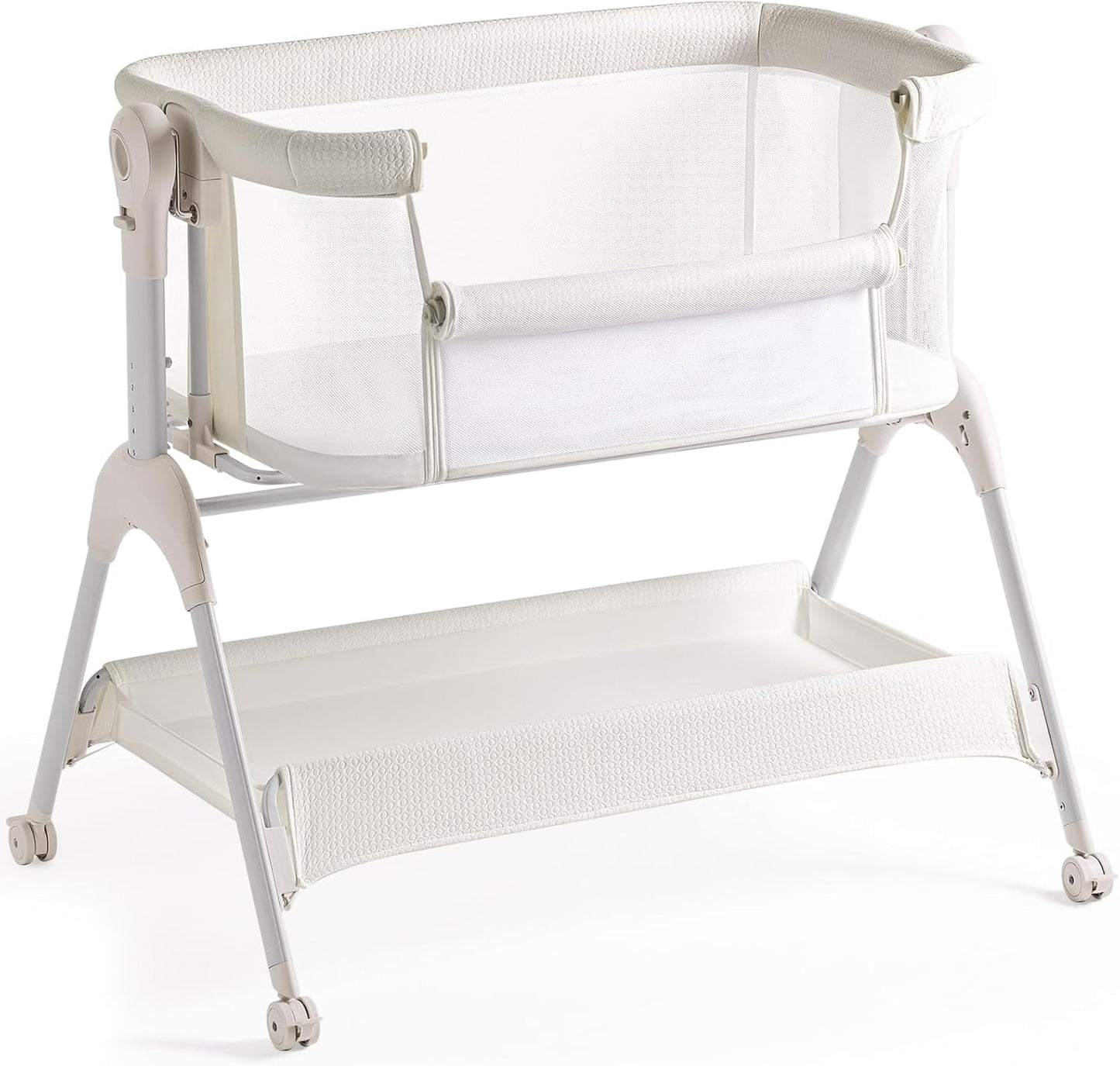 HARPPA Cuddly Sway Baby Bassinet Bedside Sleeper, 3 in 1 Rocking Bassinet with Mattress and Soft Cover, Full Mesh Sides, 5 Height Adjustable with Wheels for Newborns, Beige