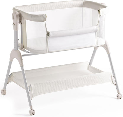 HARPPA Cuddly Sway Baby Bassinet Bedside Sleeper, 3 in 1 Rocking Bassinet with Mattress and Soft Cover, Full Mesh Sides, 5 Height Adjustable with Wheels for Newborns, Beige