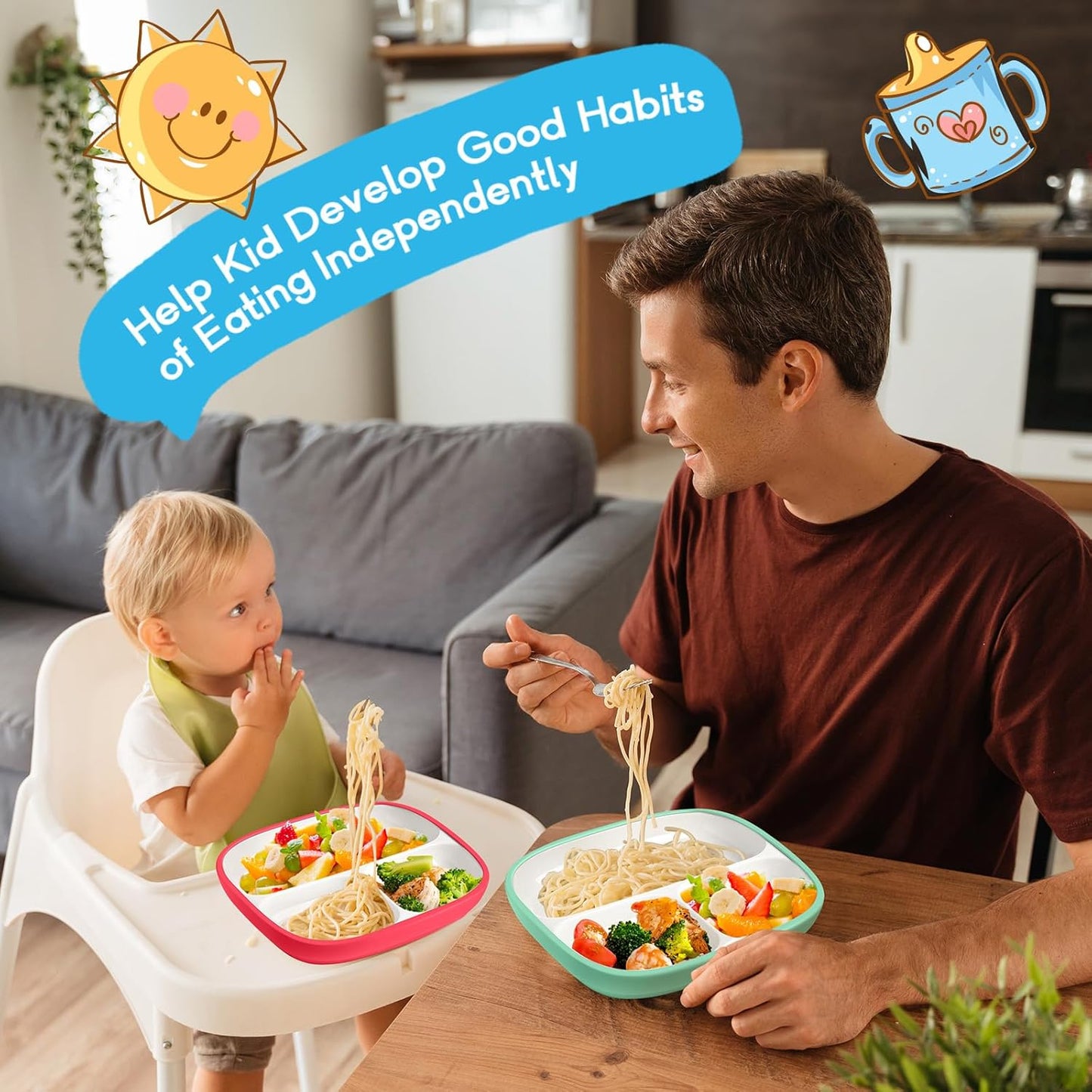 Domensi Kids Porcelain Plates with Silicone Sleeves 8.2 Inch Divided Porcelain Plate Toddler White Suction Dishes for Baby Troubleless Eating Microwave Dishwasher Safe(Stylish,3 Set)