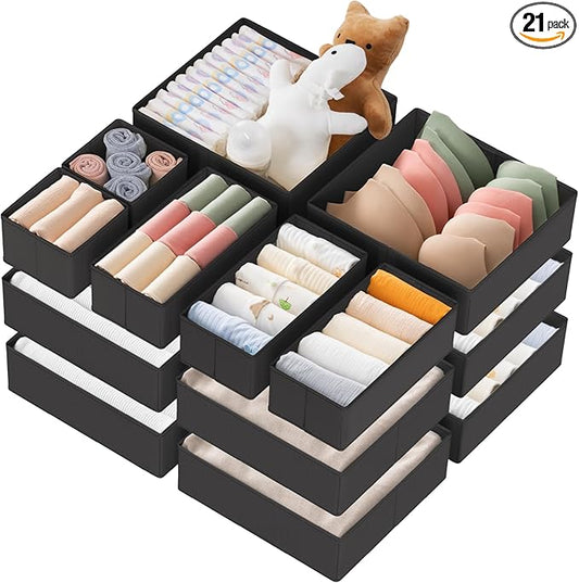 Criusia Drawer Organizer Clothes, 21 Pack Dresser Organizer for Baby Clothes, Underwear, Sock - Foldable Closet Organization and Storage Dividers Bins for Nursery, Bedroom (Black)
